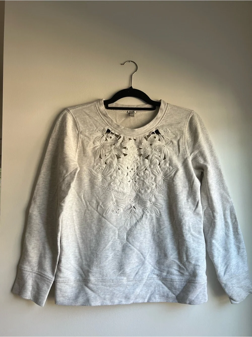 J. Crew Light Gray Crewneck Sweatshirt with Floral Cutout Embroidery